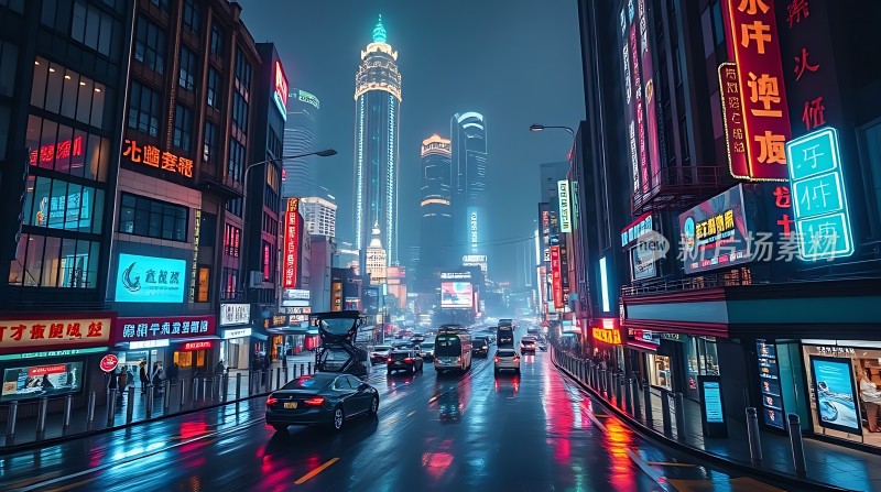 霓虹闪烁的未来都市夜景