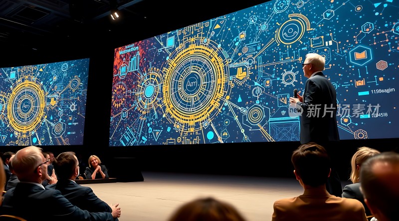 科技演讲现场观众专注聆听屏幕显示复杂图表和文字