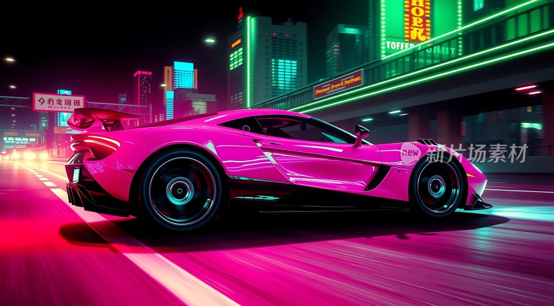 霓虹都市粉色跑车疾驰