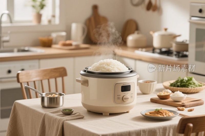 温馨厨房餐桌电饭煲画面