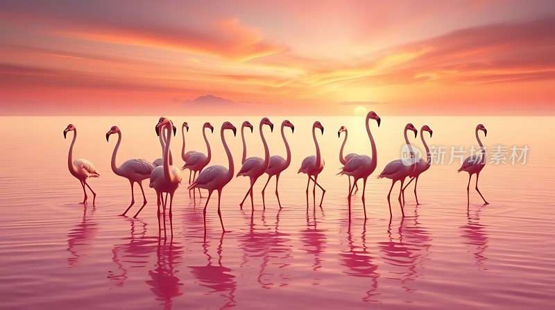 火红夕阳映照下的火烈鸟群