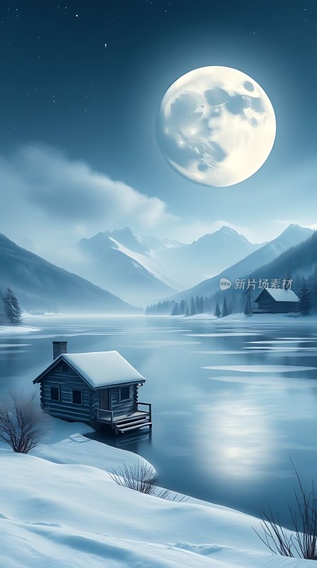 雪夜湖畔小木屋