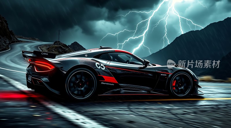 黑色赛车疾驰于暴风雨中