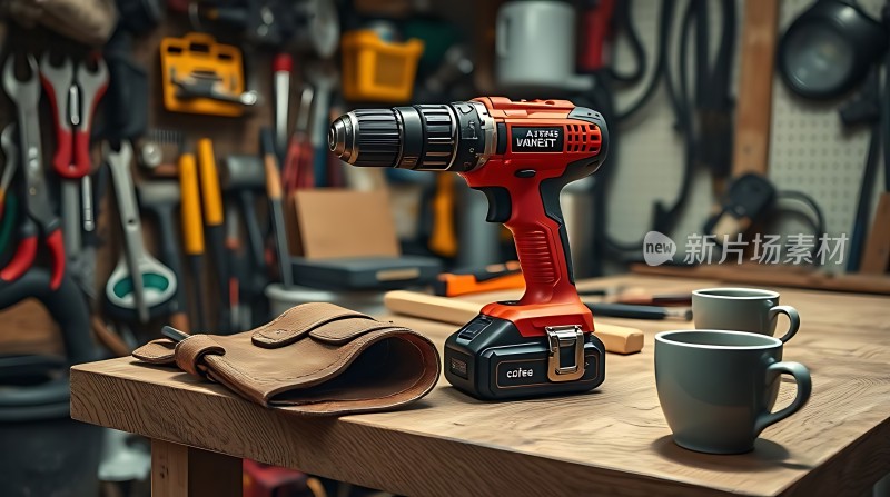 红色电钻与工具背景工作台上的咖啡杯和手套