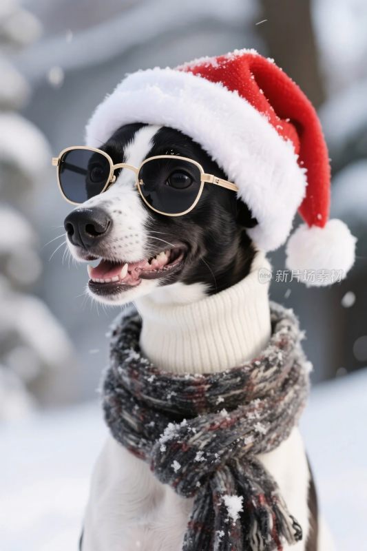 戴圣诞帽戴墨镜的宠物小狗