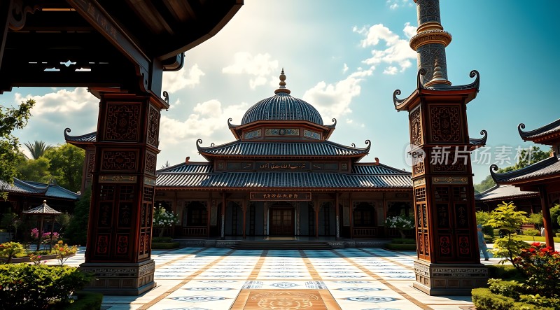 东方宫殿华丽建筑蓝天白云映衬下的壮丽景象