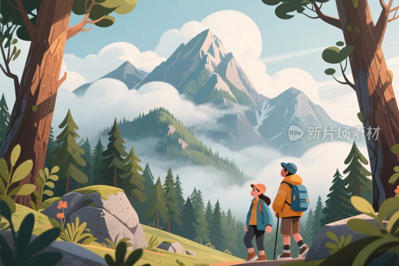 山林徒步插画