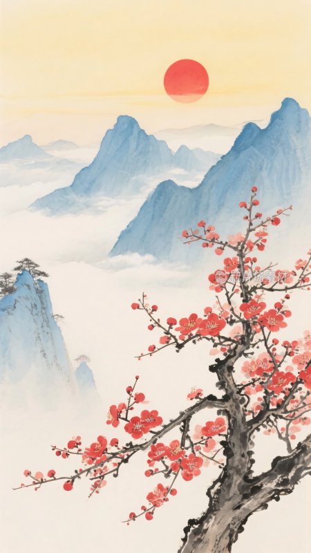 红梅映日下的山水景致