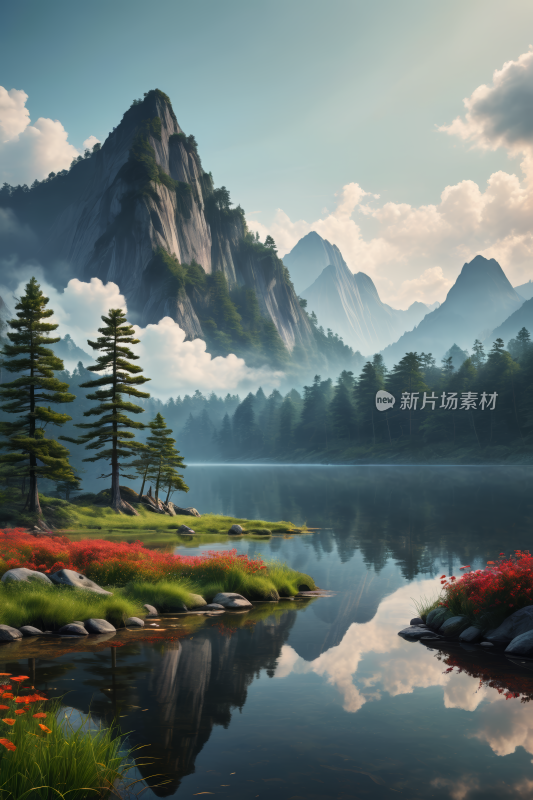 森林和山山湖高清风景插图片