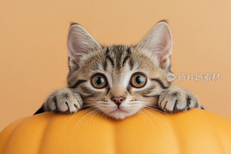 趴在南瓜上的可爱小猫