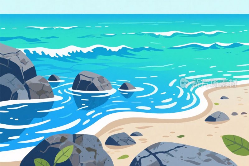 海滩海浪岩石插画