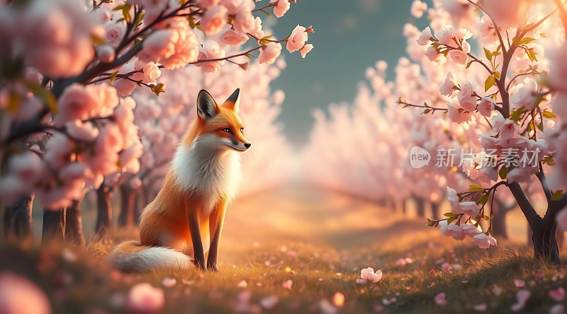 狐狸与樱花树下的宁静时光