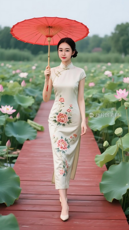 荷花池畔旗袍佳人撑油纸伞