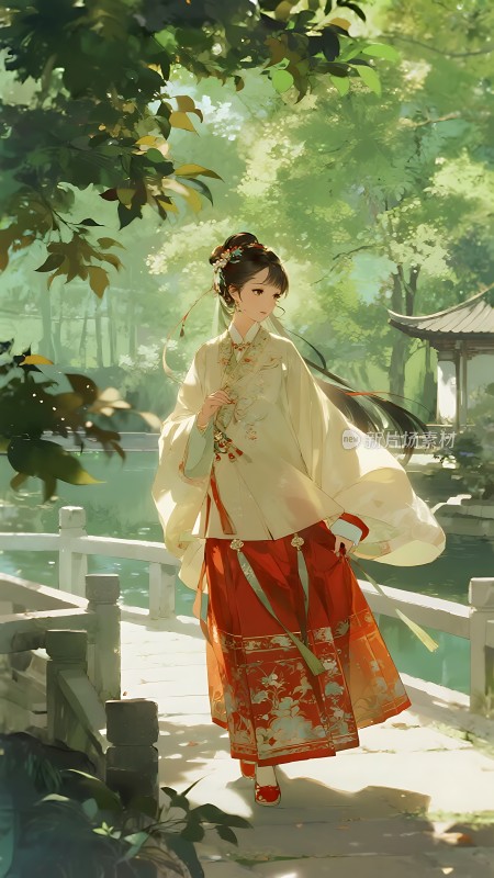 汉服佳人漫步绿意盎然园林间