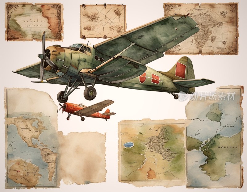 复古飞机地图插画