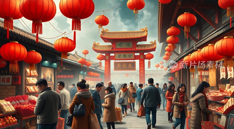 春节庙会热闹非凡灯笼高挂人潮涌动年味十足