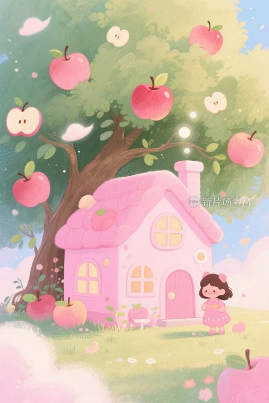 粉色童话屋与苹果树场景