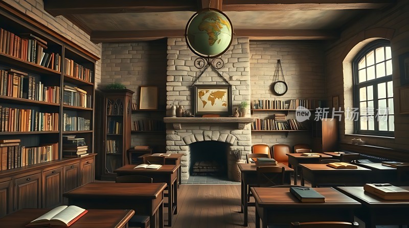 古色古香书房木质桌椅与书架壁炉旁的世界地图和地球仪营造出一种温馨而学术的氛围