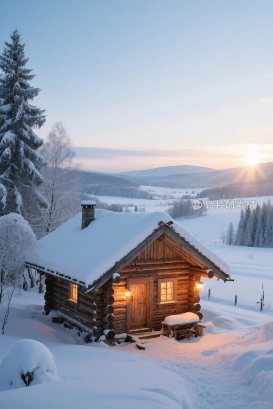 冬日雪地木屋风景