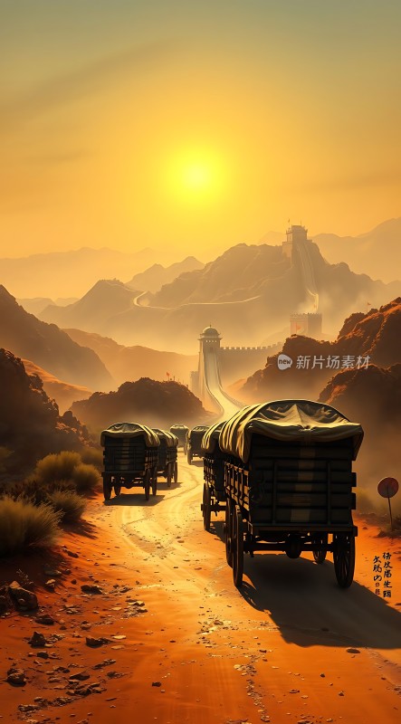 丝绸之路上的日落驼队