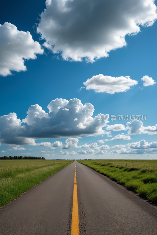 一条长长的路旁边一条黄线高清风景摄影图片