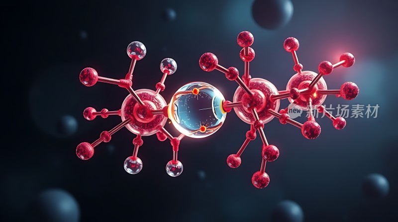 红色分子结构中的蓝色球体