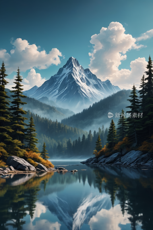 一座山前景是湖泊和树木高清风景插图片