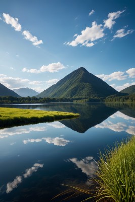 山倒映在湖的静水中高清图片