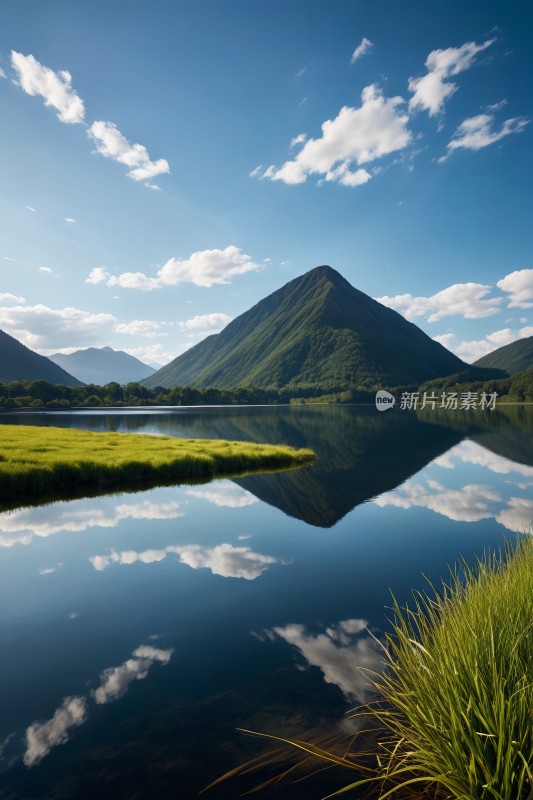 山倒映在湖的静水中高清图片