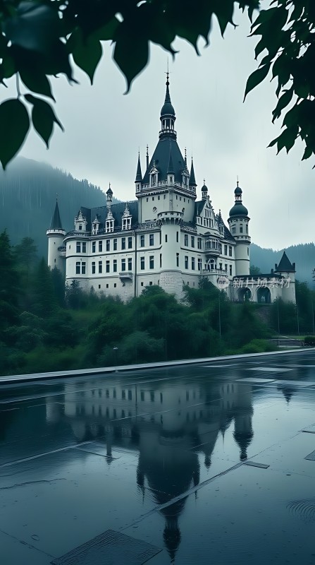 雨后山间城堡倒影