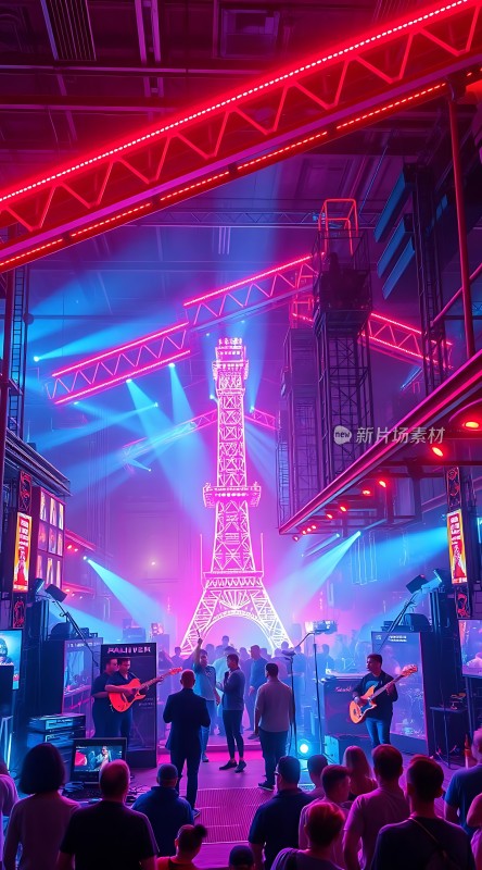 霓虹灯光下的音乐派对埃菲尔铁塔造型舞台活力四射的现场氛围