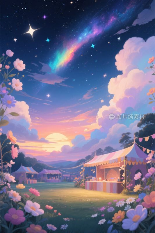 梦幻星空草地集市插画