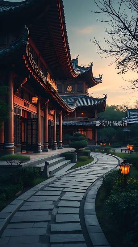 古风建筑夜景小路两旁有灯笼和树木