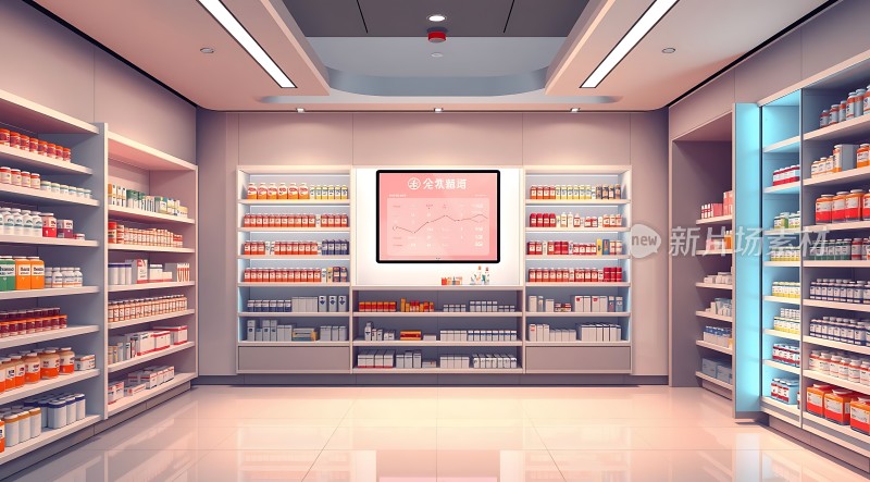 现代药店内部整齐陈列着各种药品和健康产品环境整洁明亮