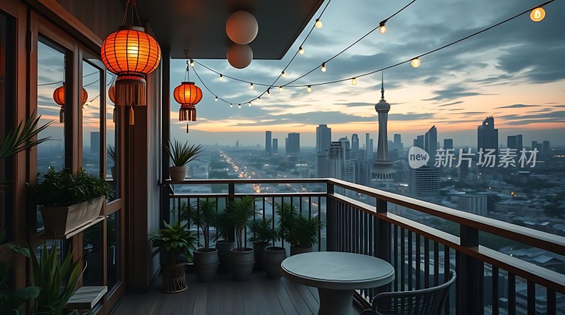 城市夜景下的温馨阳台