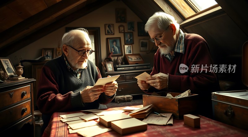 两位老人在整理照片回忆过去的故事