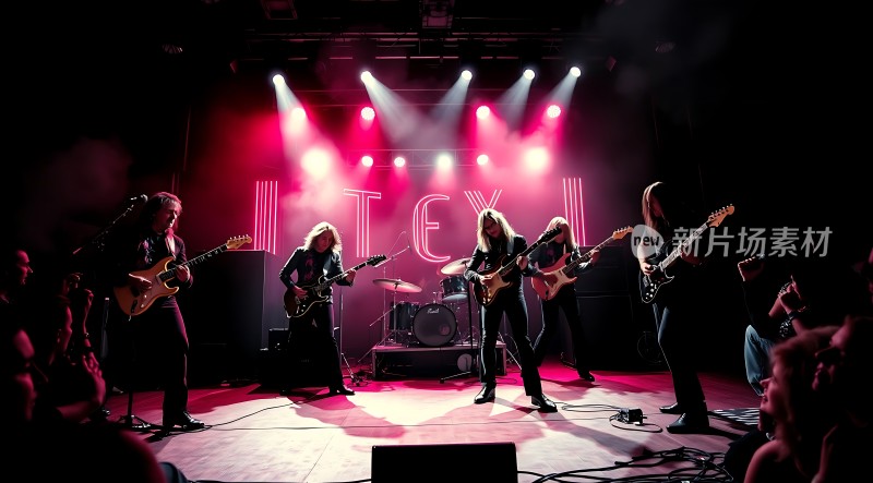 摇滚乐队现场演出舞台灯光璀璨乐手激情演奏