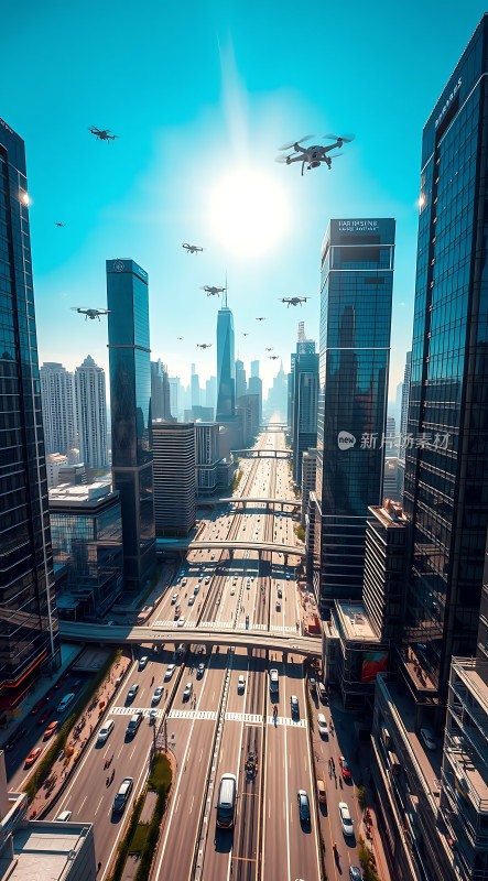 未来之城无人机与摩天大楼共舞