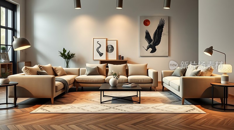 现代简约客厅舒适沙发与艺术装饰画