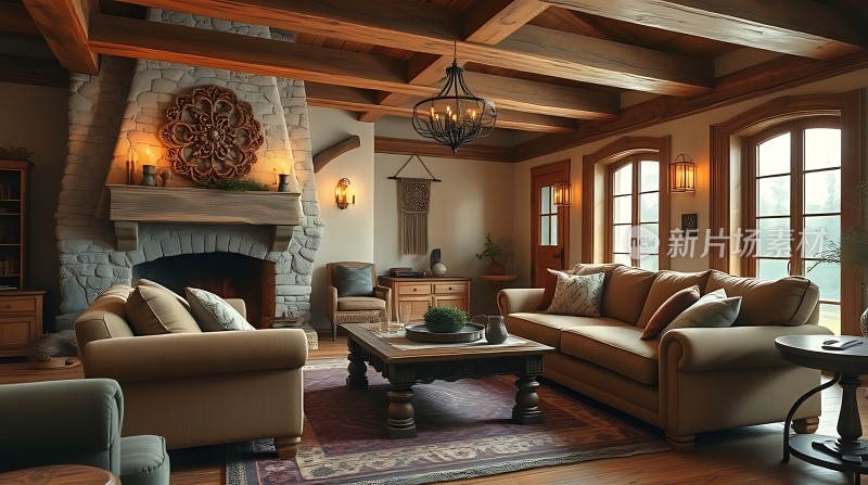 温馨客厅石砌壁炉木质天花板舒适沙发自然光线