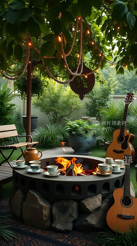 户外休闲时光火坑旁享受音乐与茶香