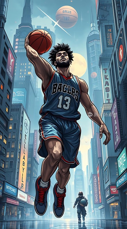 篮球少年飞跃城市街头