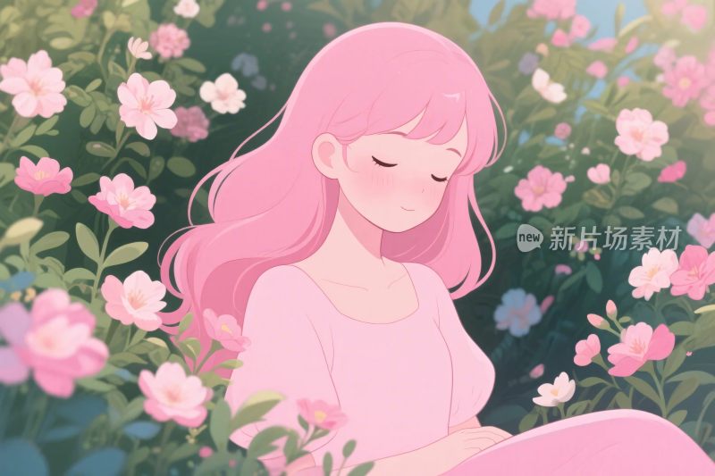 粉色长发女孩花丛插画