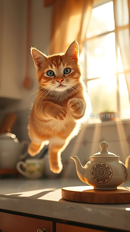 阳光下的橘猫跃起茶壶旁的灵动瞬间