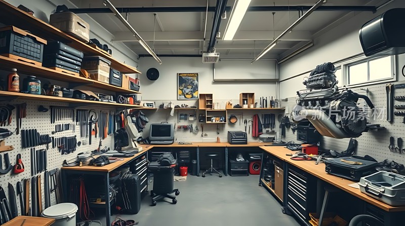 工具齐全的车间井然有序的工具架和设备