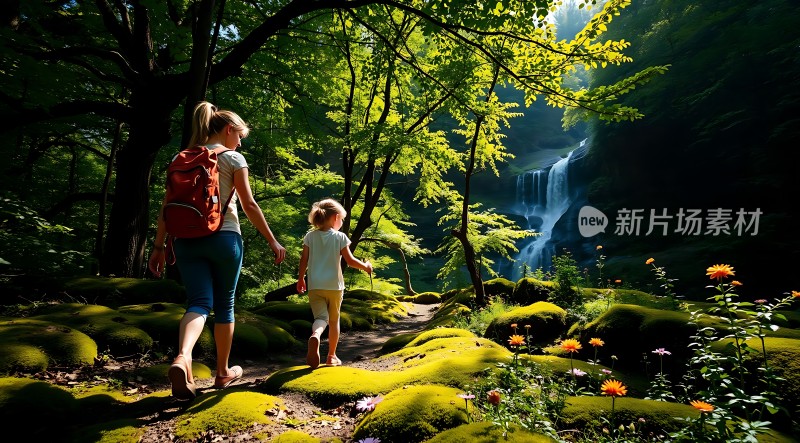 母女共赏瀑布美景