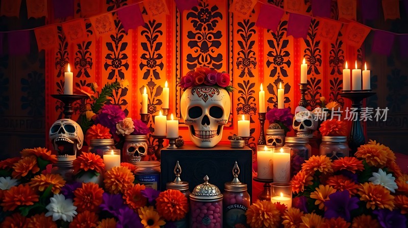 亡灵节祭坛蜡烛、骷髅与鲜花共舞