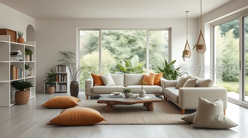 现代简约客厅自然光线充足绿植点缀舒适宜人
