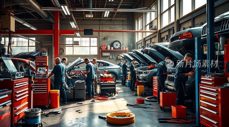 车间内工人们正在忙碌地修理汽车工具箱、轮胎和机械设备等细节清晰可见