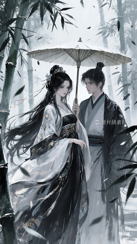 竹影伞下古装佳人共撑雨伞漫步竹林间
